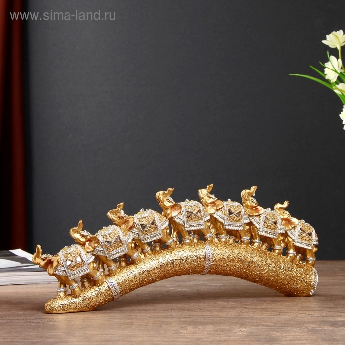 Сувенир полистоун "Семь золотых слонов на золотом бивне" 11,5х29,5х3,8 см