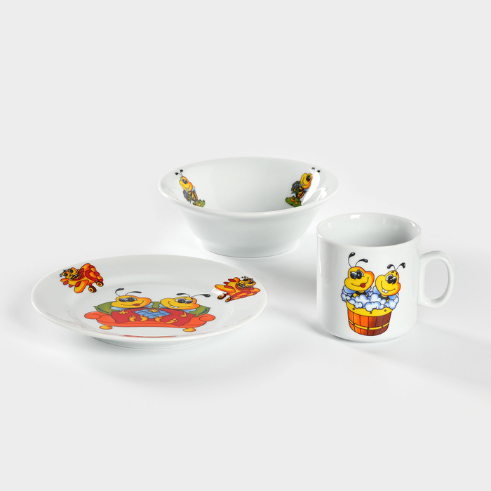 Набор фарфоровой посуды «Пчёлы», 3 предмета: кружка 200 мл, салатник 350 мл, тарелка мелкая d=16,5 см, рисунок МИКС Набор фарфоровой посуды «Пчёлы», 3 предмета: кружка 200 мл, салатник 350 мл, тарелка мелкая d=16,5 см, рисунок МИКС