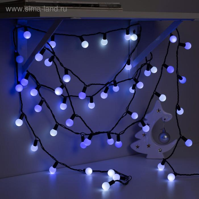 Гирлянда &laquo;Нить&raquo; 10 м с насадками &laquo;Шарики 2.5 см&raquo;, IP44, тёмная нить, 100 LED, свечение бело-синее, мигание, 220 В