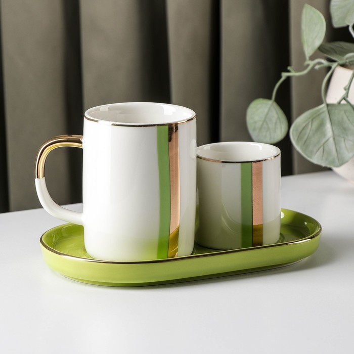 Набор кружек на керамической подставке &laquo;Геометрия&raquo;, 80/200 мл, 2 шт, цвет зелёный