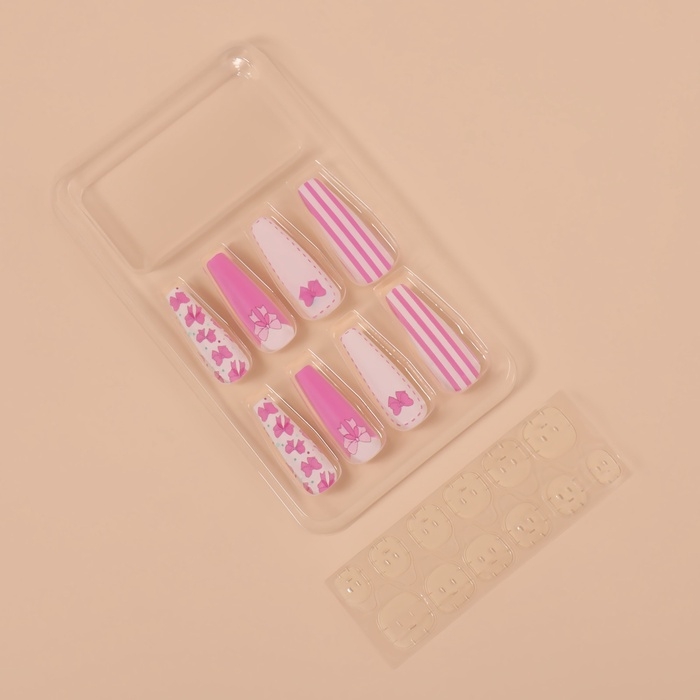 Накладные ногти &laquo;Бантики&raquo;, 12 шт, с клеевыми пластинами, форма балерина, цвет белый/розовый