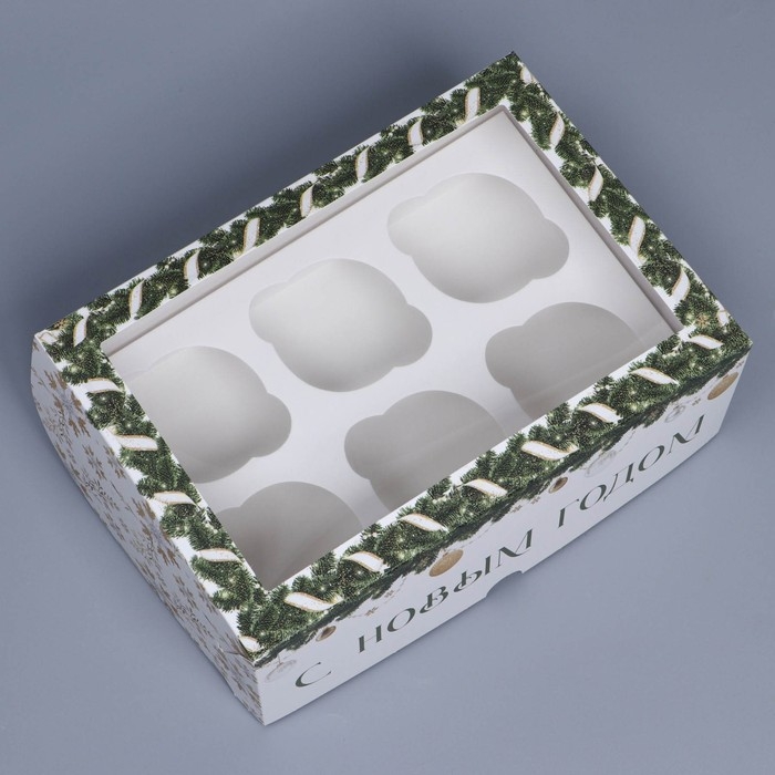 Коробка складная на 6 капкейков с окном &laquo;Паттерн снежинки&raquo;, 25 х 17 х 10 см, Новый год
