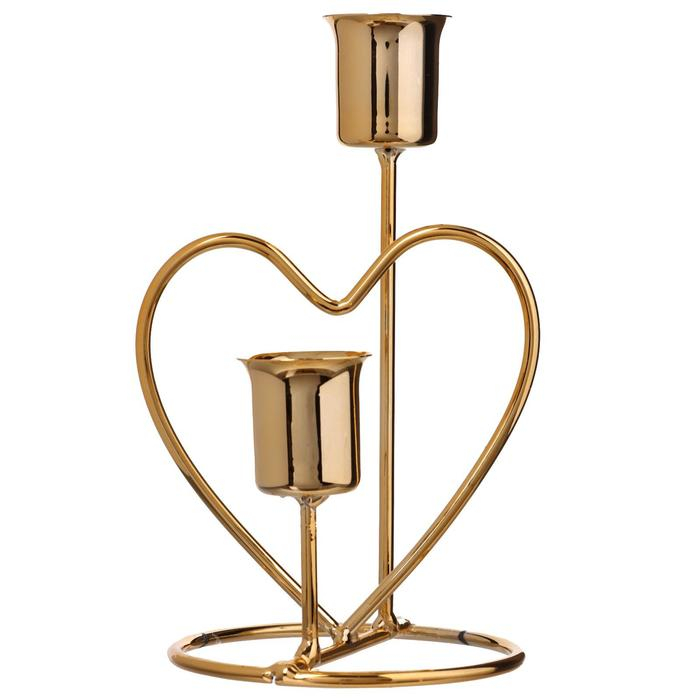 Подсвечник металл на 2 свечи "Сердце" d-2,5 см золото 14,5х9х8 см