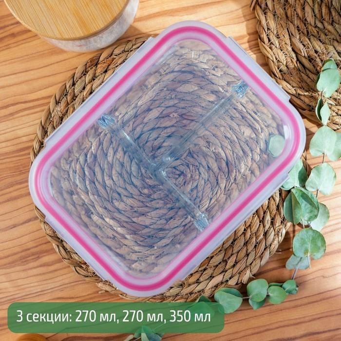 Контейнер для еды трёхсекционный из жаропрочного стекла Доляна &laquo;Клик&raquo;, 270/270/350 мл, 21&times;16&times;7 см, с крышкой