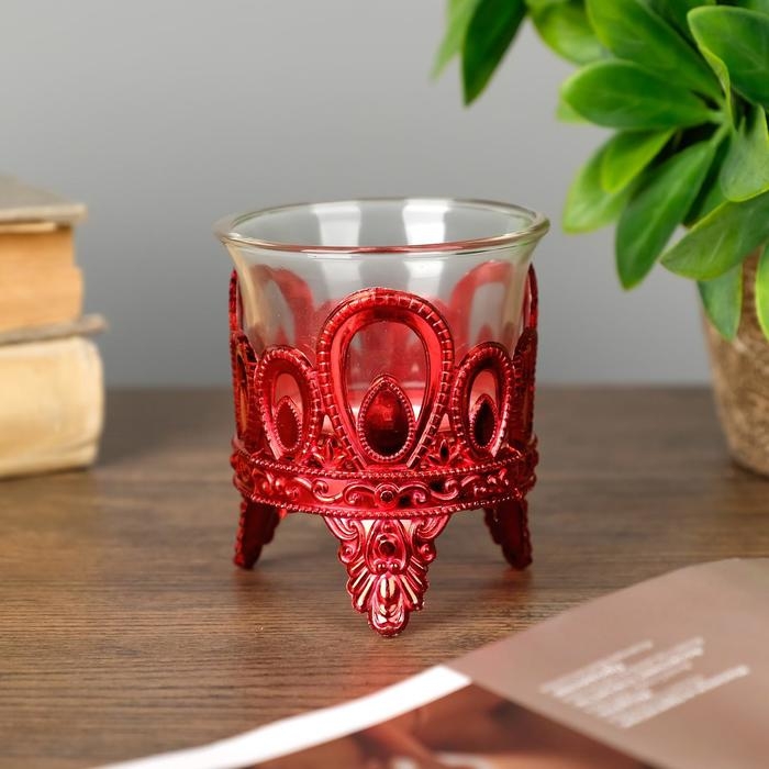 Подсвечник пластик, стекло на 1 свечу "Капельки" красный 7х6х6 см