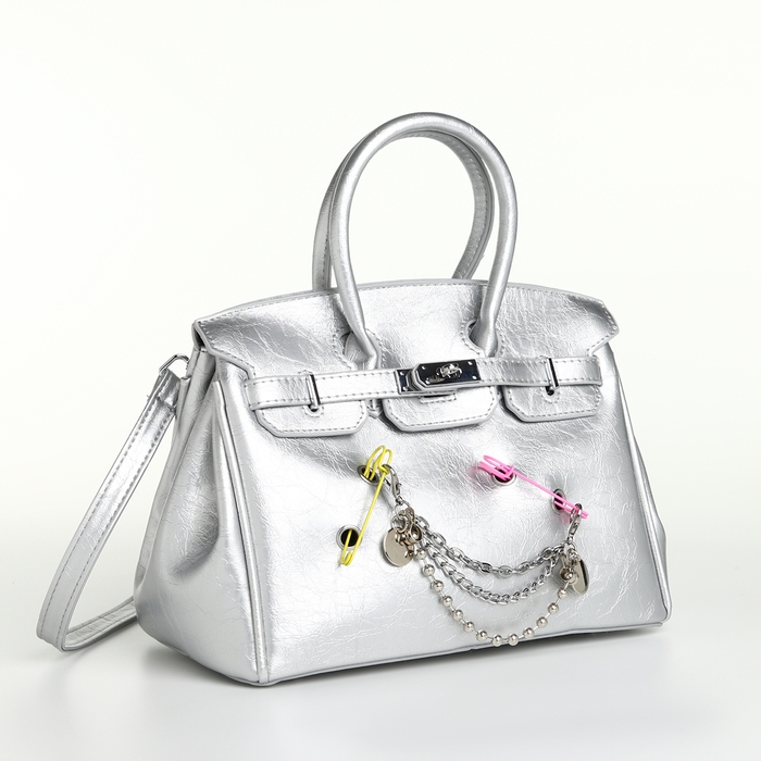 Сумка женская 24*14*19, отд на клапане, длин ремень, серебро