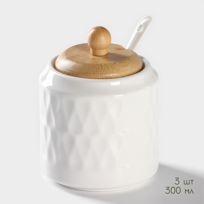 Набор банок фарфоровых для сыпучих продуктов на бамбуковой подставке BellaTenero «Тюльпан», 7 предметов: 3 банки 300 мл, 3 ложки, подставка, керамические, цвет белый Набор банок фарфоровых для сыпучих продуктов на бамбуковой подставке BellaTenero «Тюльпан», 7 предметов: 3 банки 300 мл, 3 ложки, подставка, керамические, цвет белый