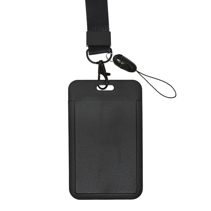 Бейдж-карман вертикальный пластиковый, внешний 110x68мм, внутренний 85x54мм, лента 80x2см, чёрный.