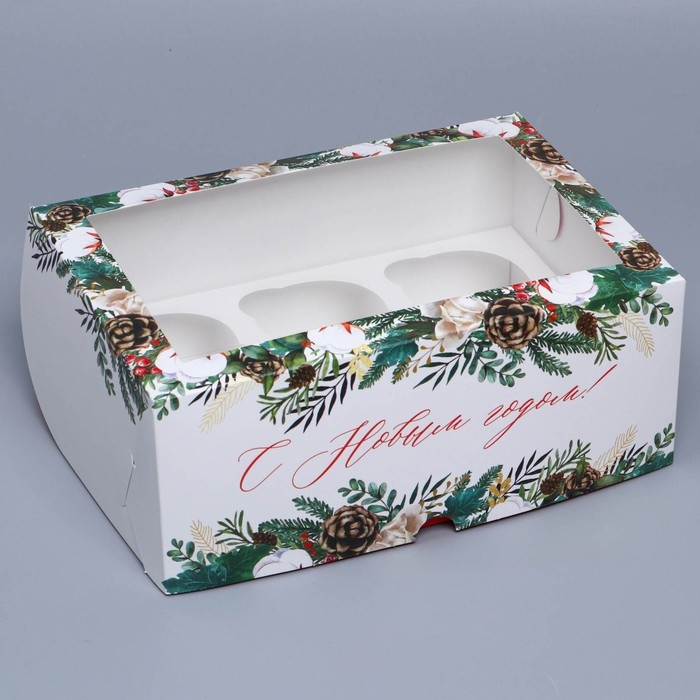 Коробка складная на 6 капкейков с окном &laquo;Веточки&raquo;, 25 х 17 х 10 см, Новый год