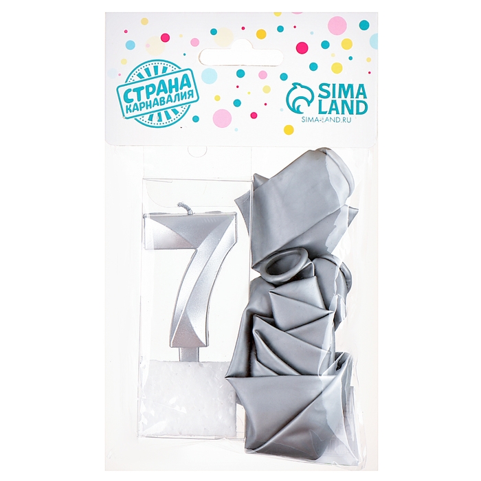 Свечи для торта + 5 шаров, цифра 7, серебро Свечи для торта + 5 шаров, цифра 7, серебро