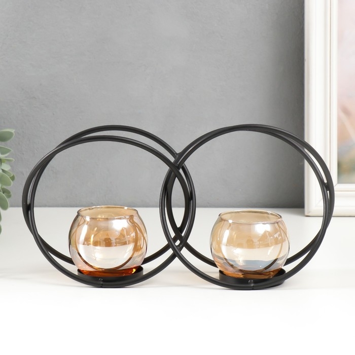 Подсвечник металл, стекло на 2 свечи Подсвечник металл, стекло на 2 свечи "Чёрные круги" d-4 см 24х7х12 см