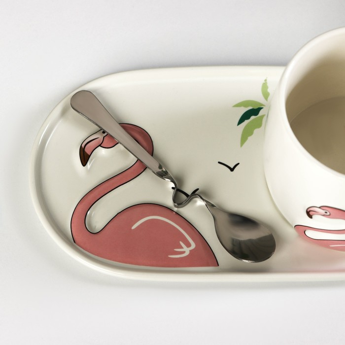 Чайная пара керамическая &laquo;Тропики&raquo;, 300 мл, подставка 21&times;11,5, ложка