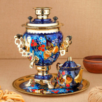 Набор «Птица на синем», жёлудь, 3 предмета, самовар 3 л, заварочный чайник 0,7 л, поднос Набор «Птица на синем», жёлудь, 3 предмета, самовар 3 л, заварочный чайник 0,7 л, поднос