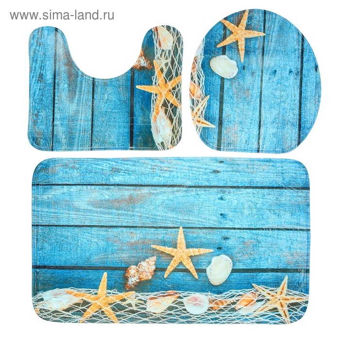 Набор ковриков для ванной и туалета Доляна «Морские звёзды», 3 шт: 35×39, 40×50, 45×75 см Набор ковриков для ванной и туалета Доляна «Морские звёзды», 3 шт: 35×39, 40×50, 45×75 см