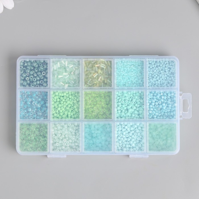 Бисер стекло 6/0, 8/0, 12/0 в шкатулке "Зелёный" стеклярус 15,5х9,5х1,6 см