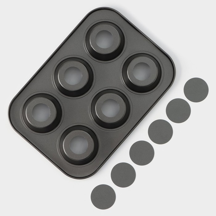 Форма для выпечки Доляна «Жаклин. Круг», 26×18×3 см, 6 ячеек, съёмное дно, антипригарное покрытие, цвет чёрный Форма для выпечки Доляна «Жаклин. Круг», 26×18×3 см, 6 ячеек, съёмное дно, антипригарное покрытие, цвет чёрный