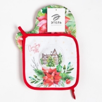 Новый год. Набор кухонный Christmas red flowers варежка-прихватка 20х28см, прихватка 19х19см, 100% хлопок