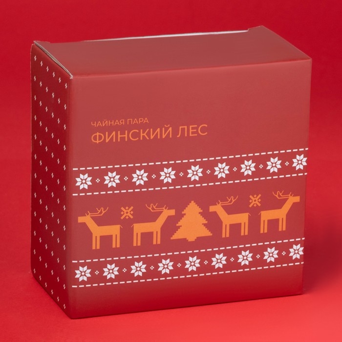 Новогодняя чайная пара Доляна &laquo;Финский лес&raquo;, 2 предмета: чашка 210 мл, блюдце d=15 см, фарфор, цвет белый