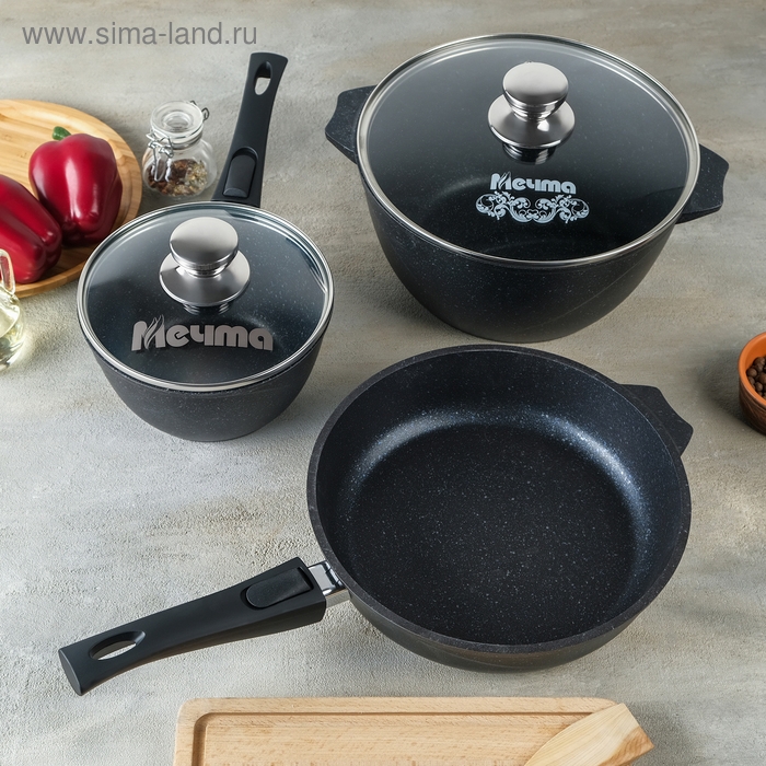 Набор посуды &laquo;Гранит Star&raquo;: cковорода d=26 см, ковш 1.7 л, кастрюля 5 л, антипригарное покрытие, цвет тёмно-синий