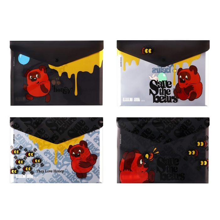 Папка-конверт на кнопке А4, 160 мкм, ErichKrause Папка-конверт на кнопке А4, 160 мкм, ErichKrause "Винни-Пух", полупрозрачная, глянцевая, микс