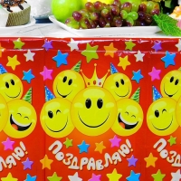 Скатерть одноразовая &laquo;Поздравляю&raquo;, смайлы, красная, 180*137 см
