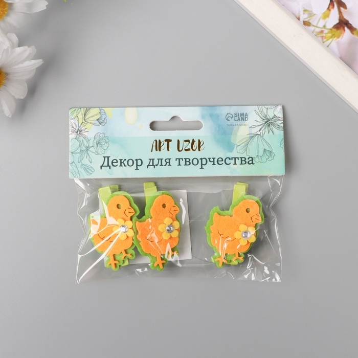 Декор для творчества дерево, фетр Декор для творчества дерево, фетр "Прищепка. Цыплёнок с цветочком" набор 3 шт 1,8х3х5,1 см 1047339