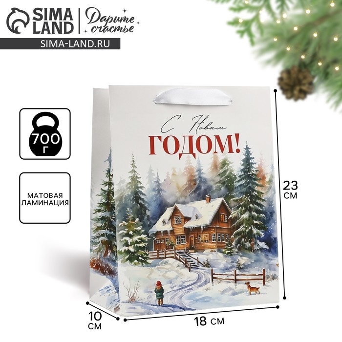 Пакет подарочный новогодний ламинированный &laquo;Зимний лес&raquo;, деревня, MS 18 х 23 х 10 см , Новый год