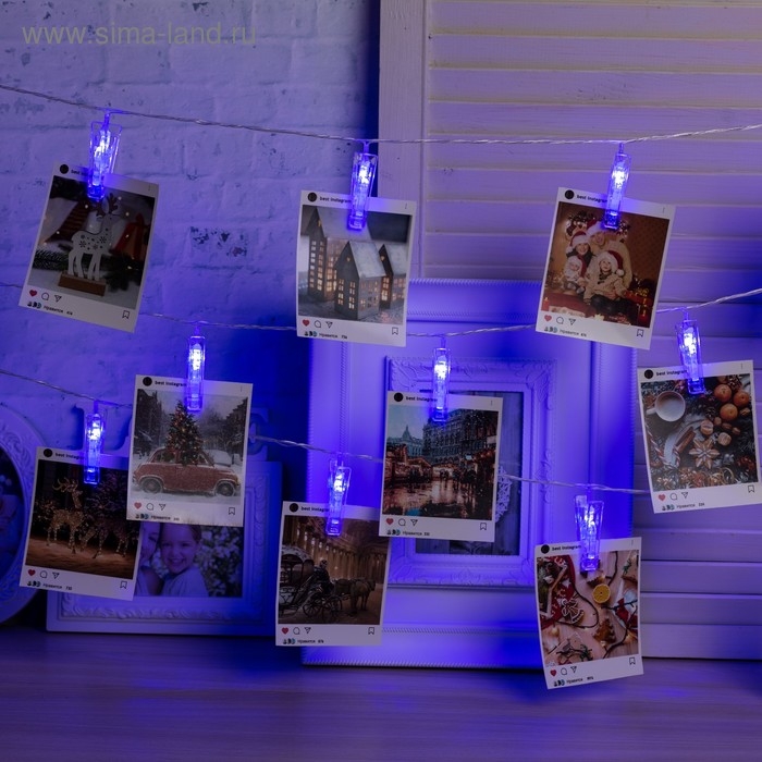 Гирлянда &laquo;Нить&raquo; 4.5 м с насадками &laquo;Прищепки&raquo;, IP20, прозрачная нить, 20 LED, свечение синее, 220 В