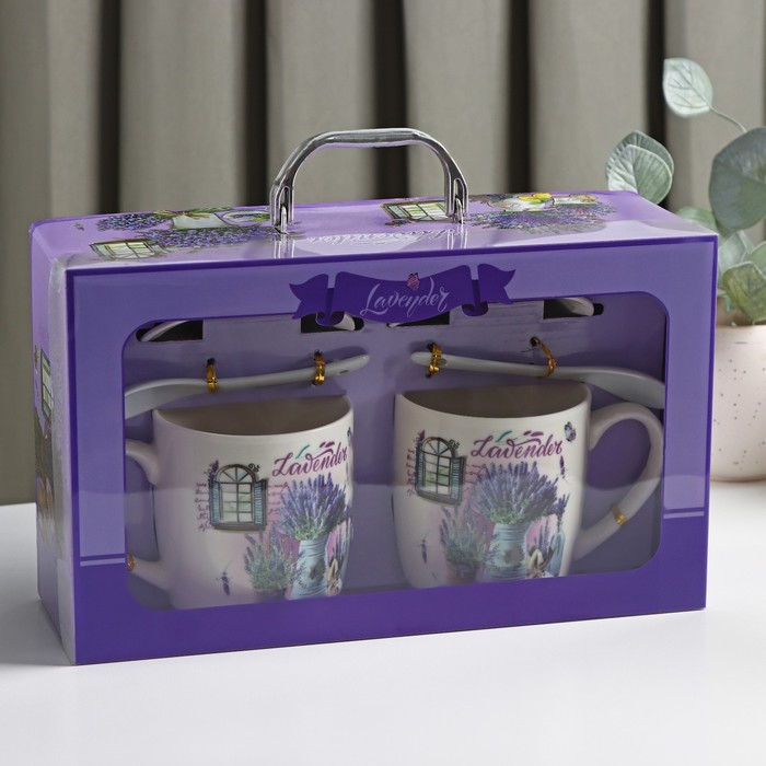 Набор кружек керамических с ложками и подставками &laquo;Букет лаванды&raquo;, 2 предмета: 330 мл, рисунок МИКС
