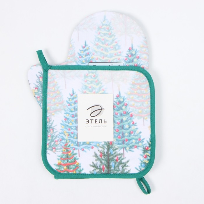 Новый год. Набор кухонный Этель "Сказочный лес": прихватка 19х19 см, варежка-прихватка 20х28 см, 100% хл