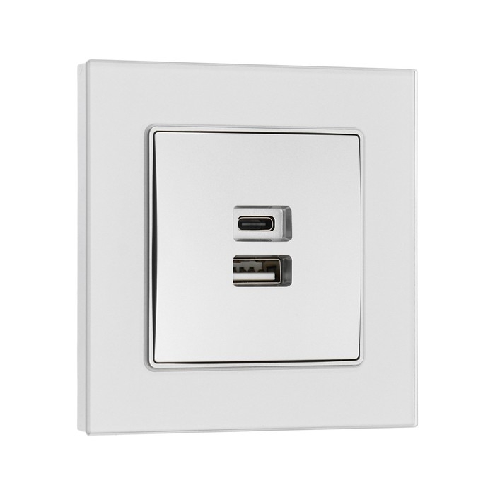 Розетка с USB-A + USB-C разъёмами, 2.1 A, 5В, TOT Glossy Glass, скрытая, стекло, серебристая 10439 Розетка с USB-A + USB-C разъёмами, 2.1 A, 5В, TOT Glossy Glass, скрытая, стекло, серебристая 10439