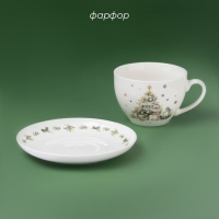 Новогодняя чайная пара Доляна &laquo;Ель&raquo;, 2 предмета: чашка 210 мл, блюдце d=15 см, фарфор, цвет белый