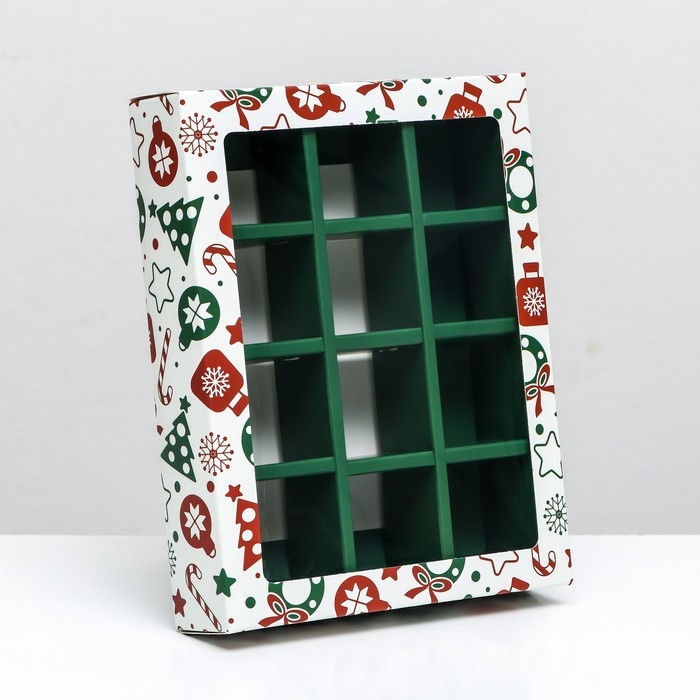 Новый год. Коробка под 12 конфет "Новогодний паттерн", 19 х 15 х 3,6 см, кондитерская упаковка