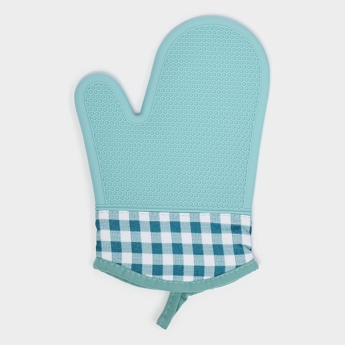 Рукавица для горячего с манжетой Доляна &laquo;Клетка&raquo;, силикон, 27&times;18,5 см, цвет мятный