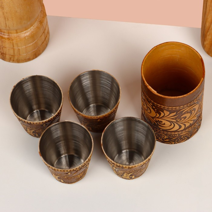 Набор стопок &laquo;Охотник&raquo;, 4 шт, в тубусе, 4,5&times;4,5&times;9 см, береста