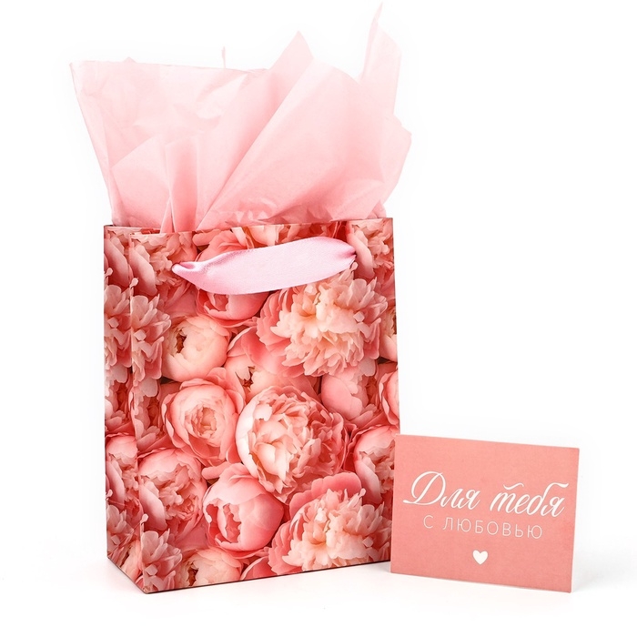 Пакет ламинированный двухсторонний &laquo;Пионы&raquo;, с тишью и открыткой, S, 12 х 15 х 5.5