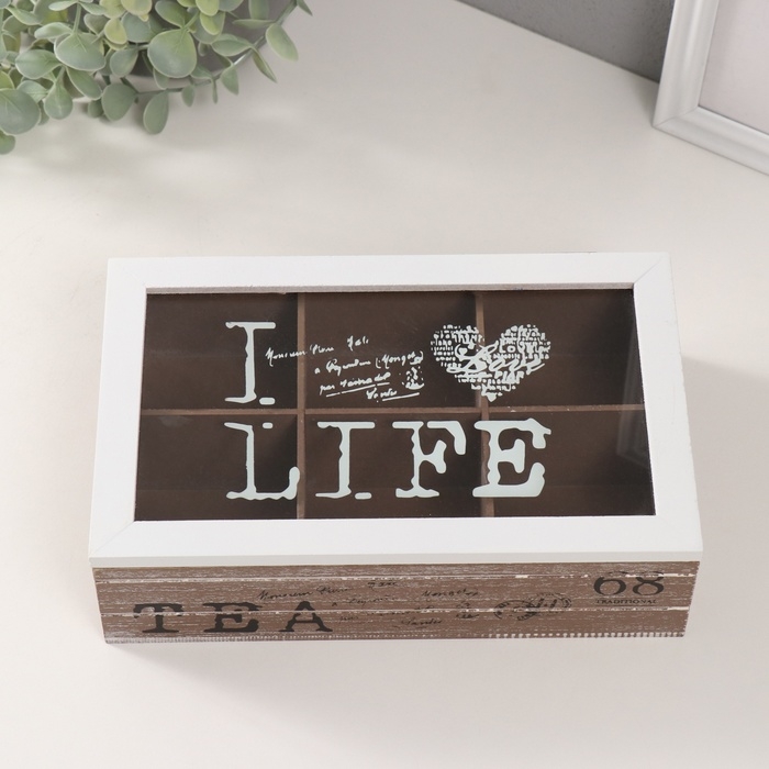 Шкатулка дерево 6 делений "Я люблю жизнь" коричнево-белая 15х24х7 см