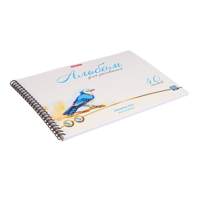 Альбом для рисования А4, 40 листов на спирали, Erich Krause Birds, блок 120 г/м&sup2;, 100% белизна, перфорация для отрыва, твёрдая подложка