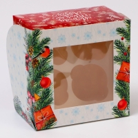 Новый год. Коробка для 4 капкейка с окном "Новогодние подарки", 16 х 16 х 10 см, упаковка