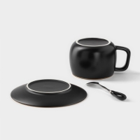 Чайная пара керамическая с ложкой &laquo;Мати&raquo;, 2 предмета: чашка 280 мл, блюдце d=13,5 см, цвет чёрный