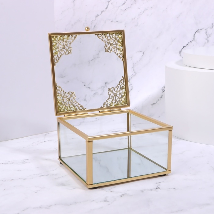 Органайзер для хранения &laquo;GREAT&raquo;, с крышкой, стеклянный, с зеркальным дном, 1 секция, 10 &times; 10 &times; 6 см, цвет прозрачный/медный