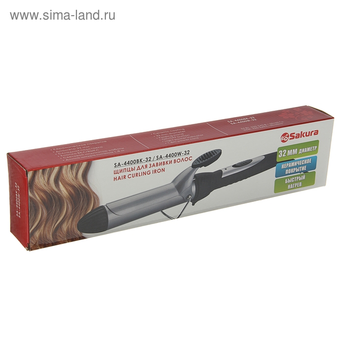 Плойка Sakura SA-4400BK-32, 55 Вт, керамическое покрытие, d=32 мм, 200&deg;С, чёрная
