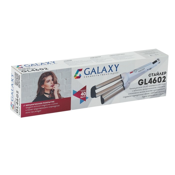 Плойка Galaxy GL 4602, 60 Вт, керамическое покрытие, d=16 мм, 200&deg;С, белая