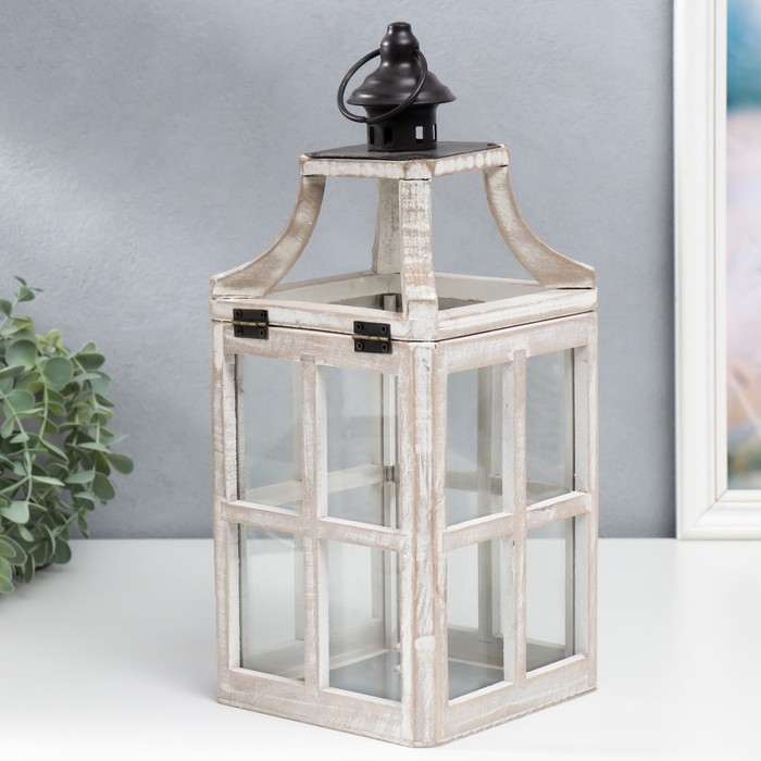 Подсвечник дерево Подсвечник дерево "Фонарь - веранда" белый состаренный набор 2 шт 35х15х15, 53х20х20 см
