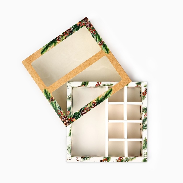 Коробка под 8 конфет и шоколад с ячейками &laquo;С Новым годом!&raquo;, еловые веточки, 18 х 18 х 4 см, Новый год