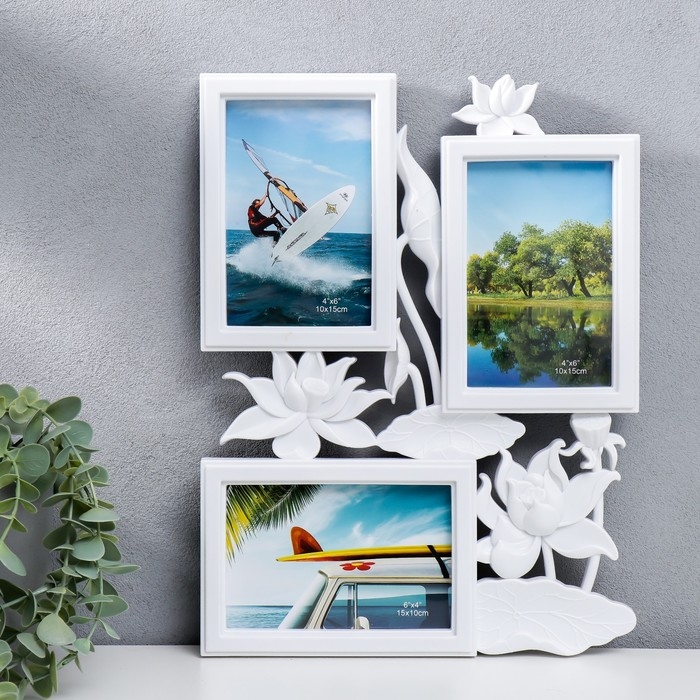 Фоторамка пластик на 3 фото 10х15 см Фоторамка пластик на 3 фото 10х15 см "Лотосы" белый 36х27 см