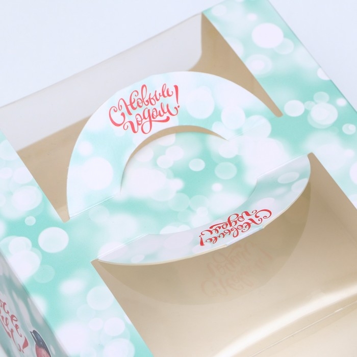 Новый год. Коробка новогодняя под бенто-торт с окном "Снегирь на рябине", 14 х 14 х 8 см.