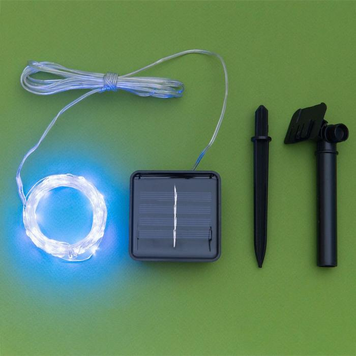 Гирлянда &laquo;Нить&raquo; 10 м роса, серебристая нить, 100 LED, свечение синее, 2 режима, солнечная батарея