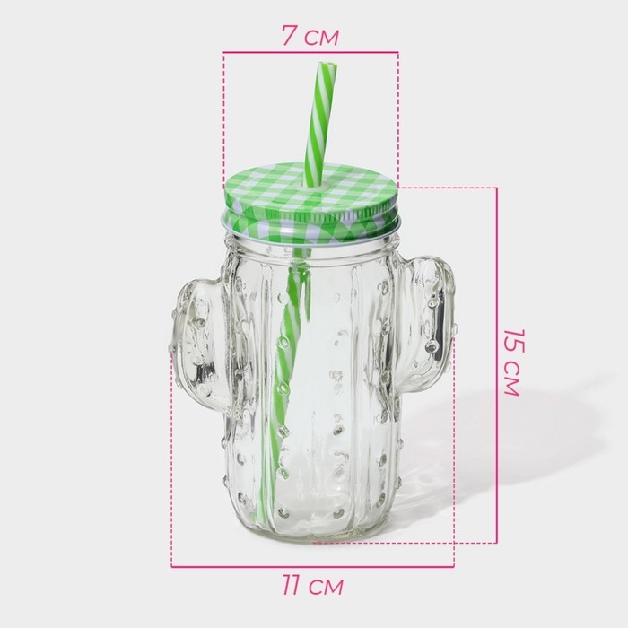Кружка стеклянная с крышкой и трубочкой Доляна «Кактус», 450 мл, 11×7×15 см Кружка стеклянная с крышкой и трубочкой Доляна «Кактус», 450 мл, 11×7×15 см