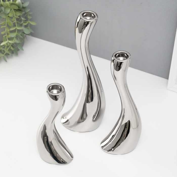 Подсвечник керамика на 1 свечу  "Волна" d=2,5 см, серебро, набор 3 шт h=20, 25 и 30 см